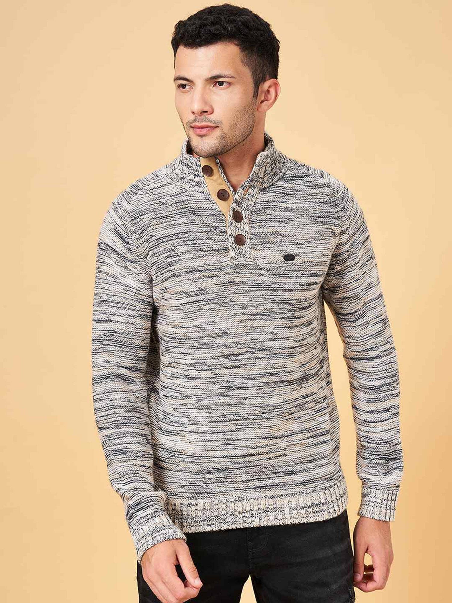 Byford by Pantaloons Beige Slim Fit Self Pattern Sweater