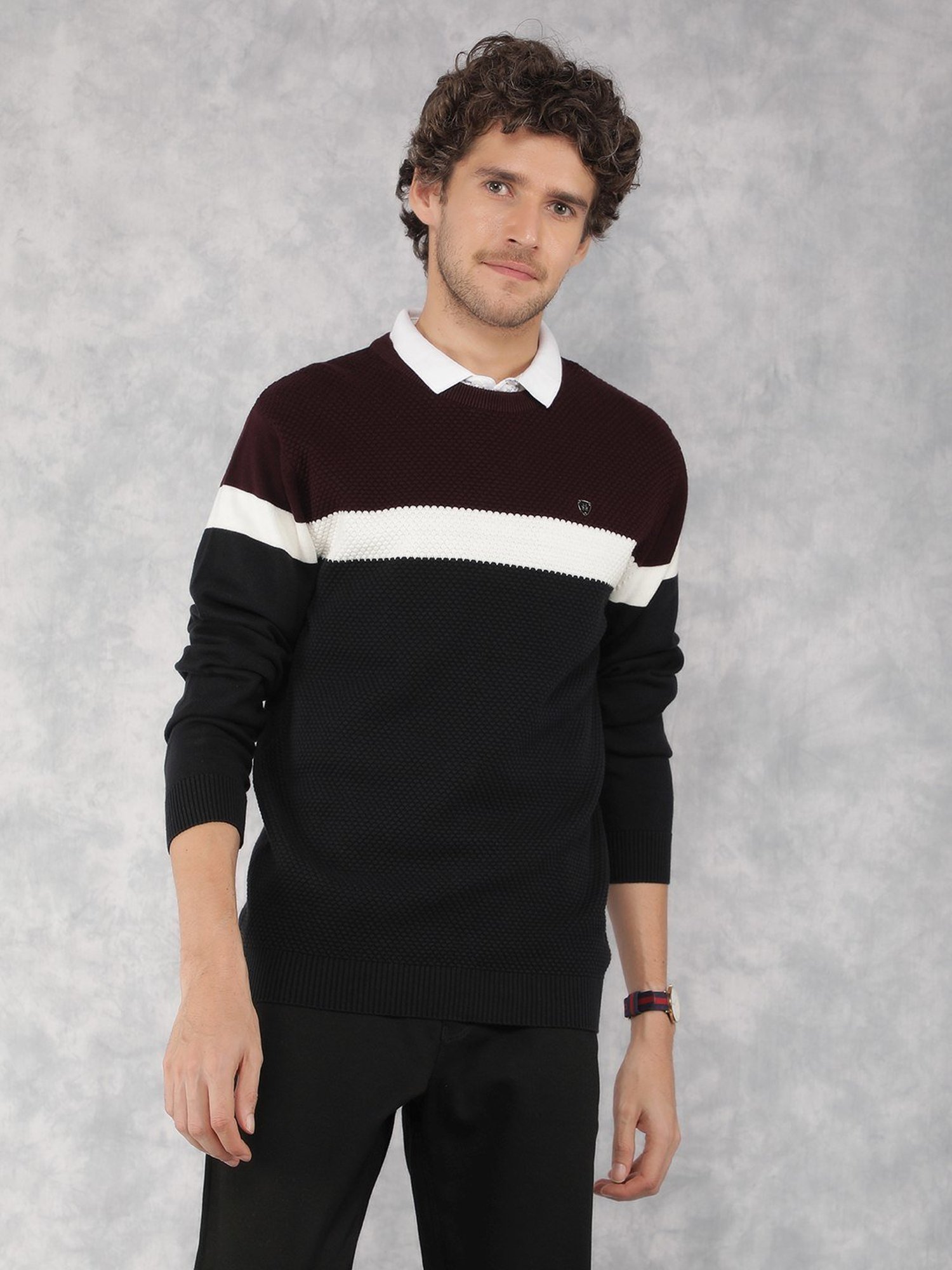 Crimsoune Club Wine Cotton Regular Fit Colour Block Sweater