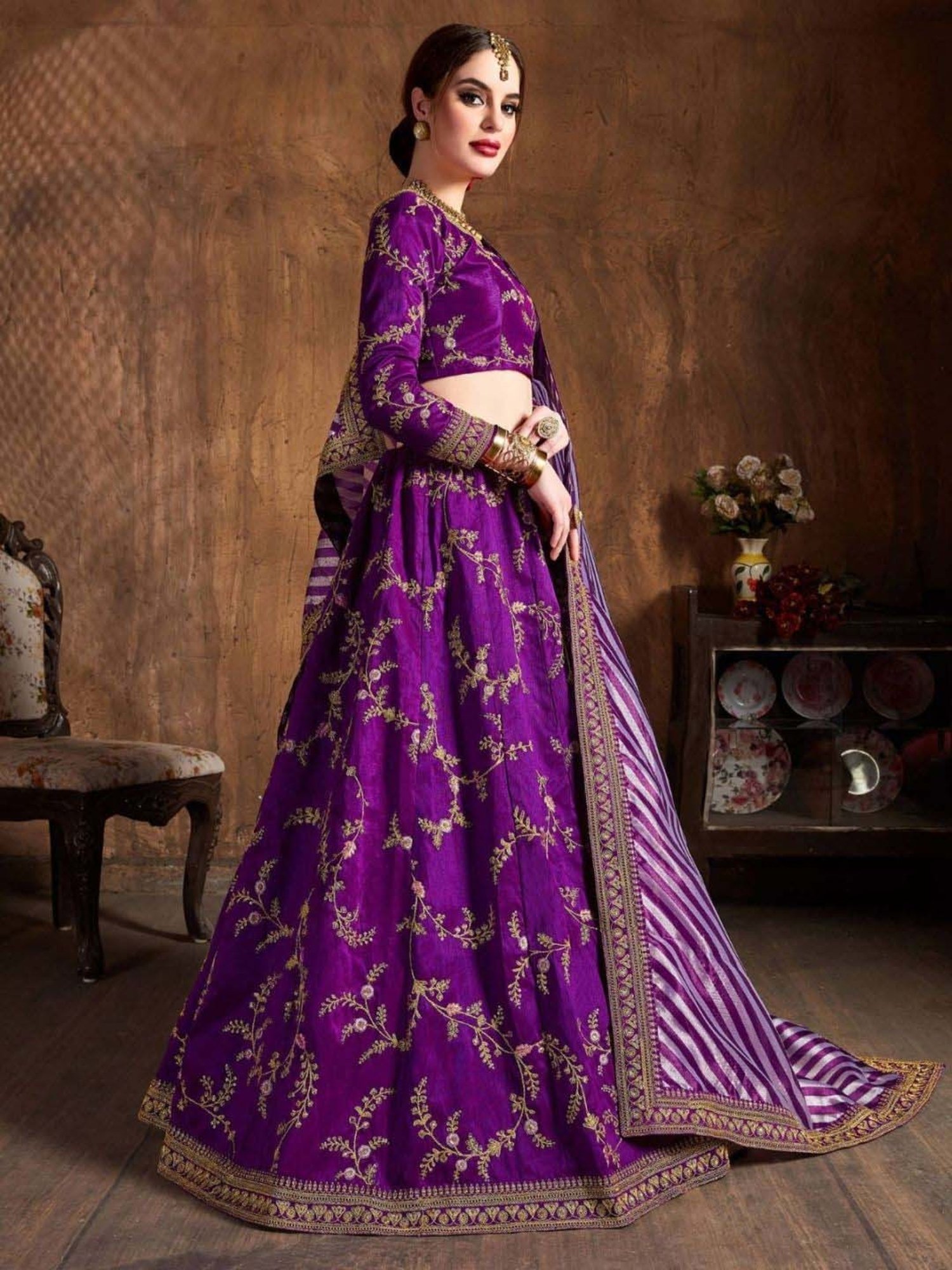 Odette Purple Embroidered Lehenga Choli Set With Dupatta