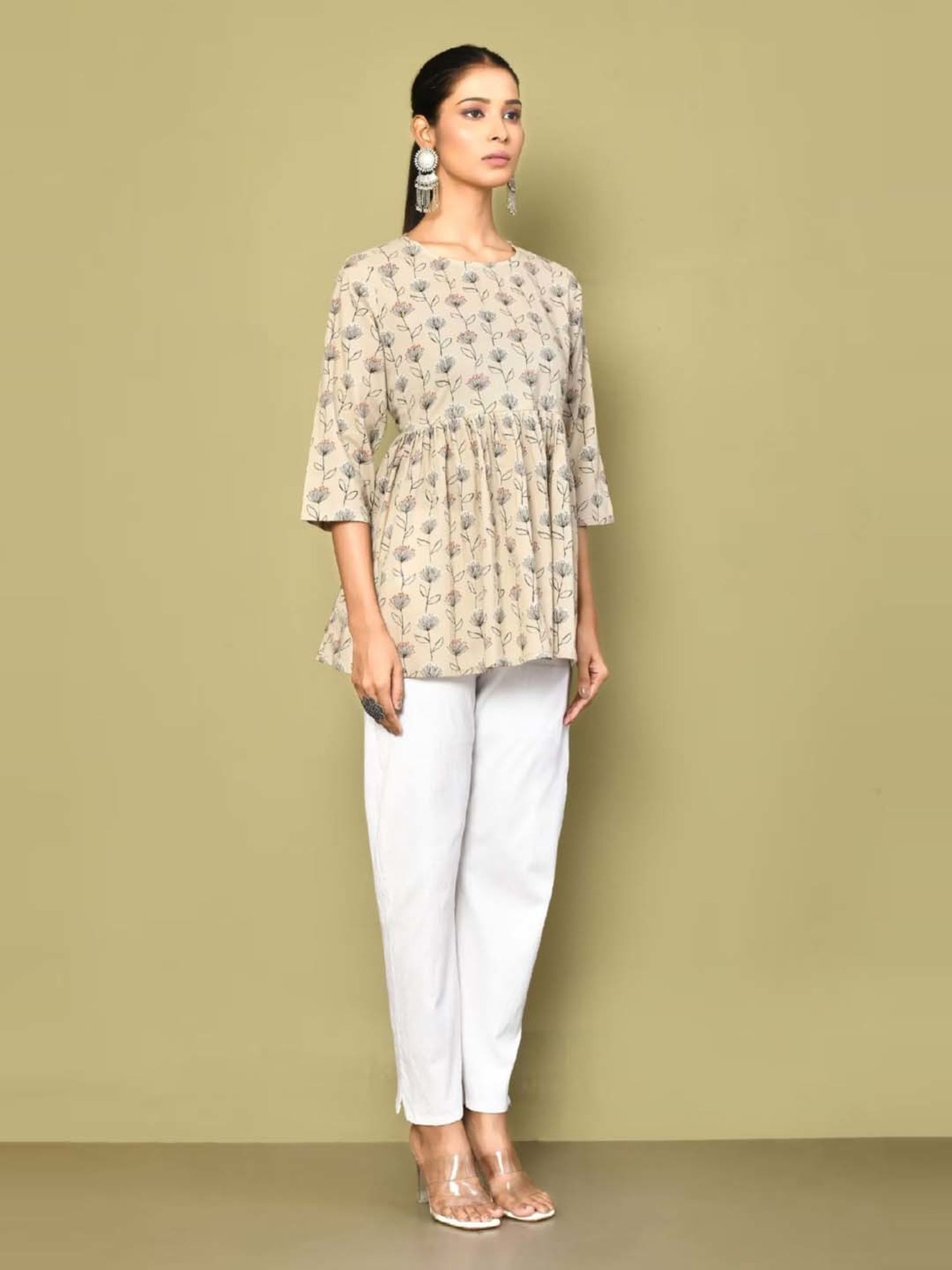 Miravan Beige Cotton Printed A Line Short Kurti