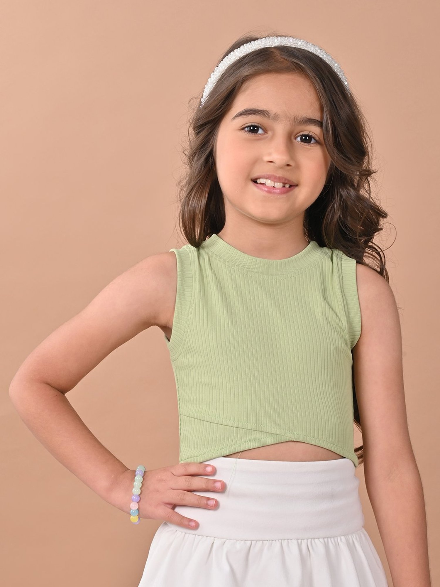 LilPicks Kids Green Solid Crop Top