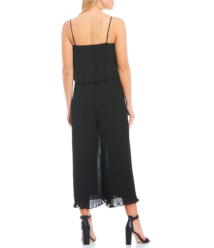 Gianni Bini Riley Micro-Pleat Spaghetti Strap Square Neck Sleeveless Wide Leg Cropped Jumpsuit
