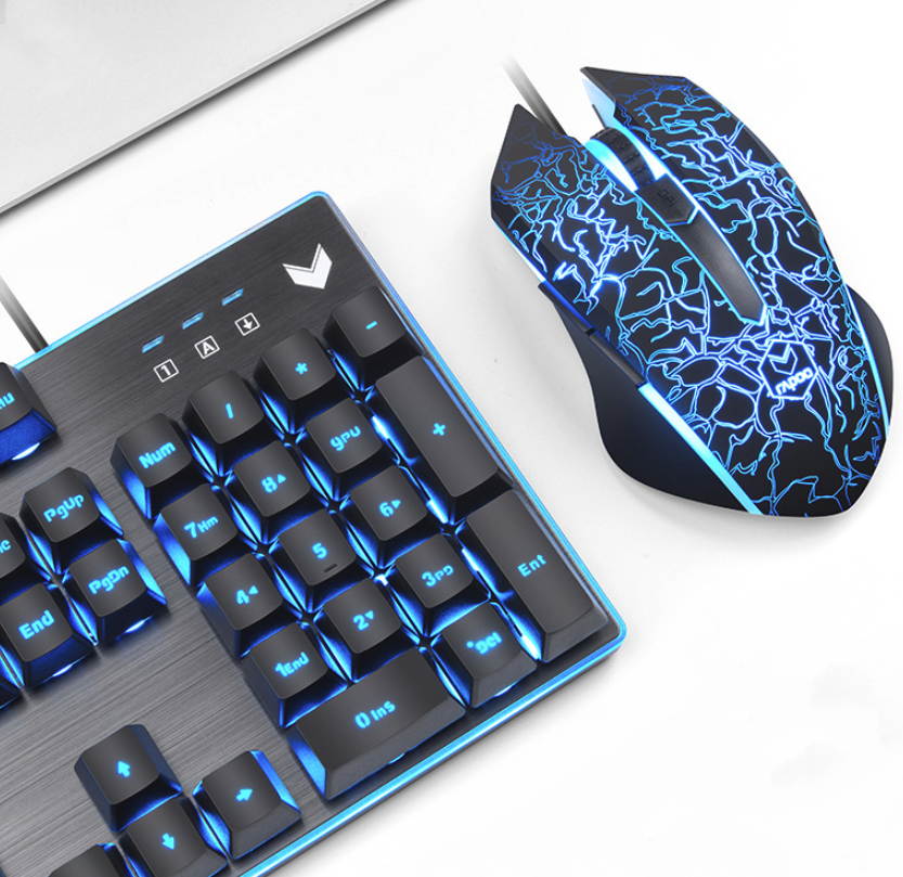 Rapoo V100S, 24 Anti-ghosting Keys, Ergonomic Design,Cool Exterior USB Wired Mechanical Feeling Gaming Keyboard and 6400DPI 6 Programmable Button Mouse  For Office And Game - Single Blue Backlit LED