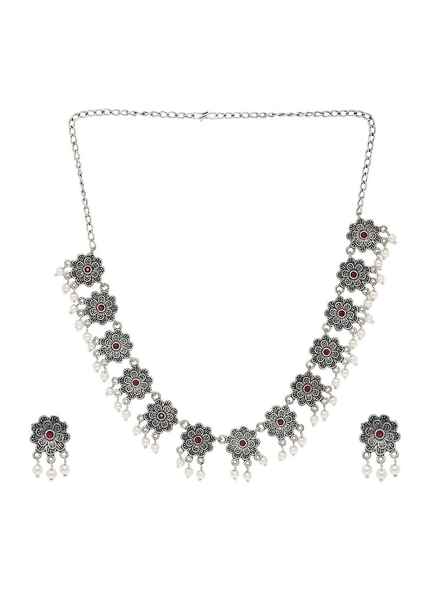 OOMPH Oxidized Silver Look Alike Maroon Stone Pearls Choker Necklace Set with Earrings