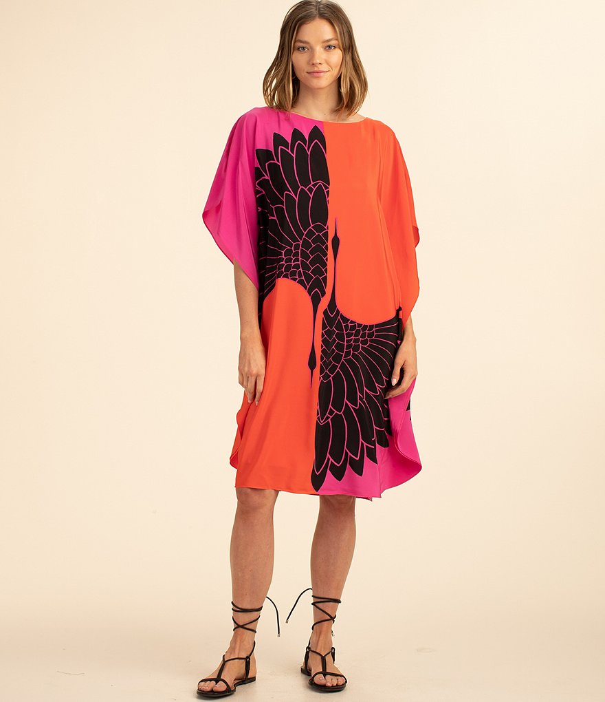 Trina Turk Global Boat Neck Short Sleeve Printed Silk Caftan Dress