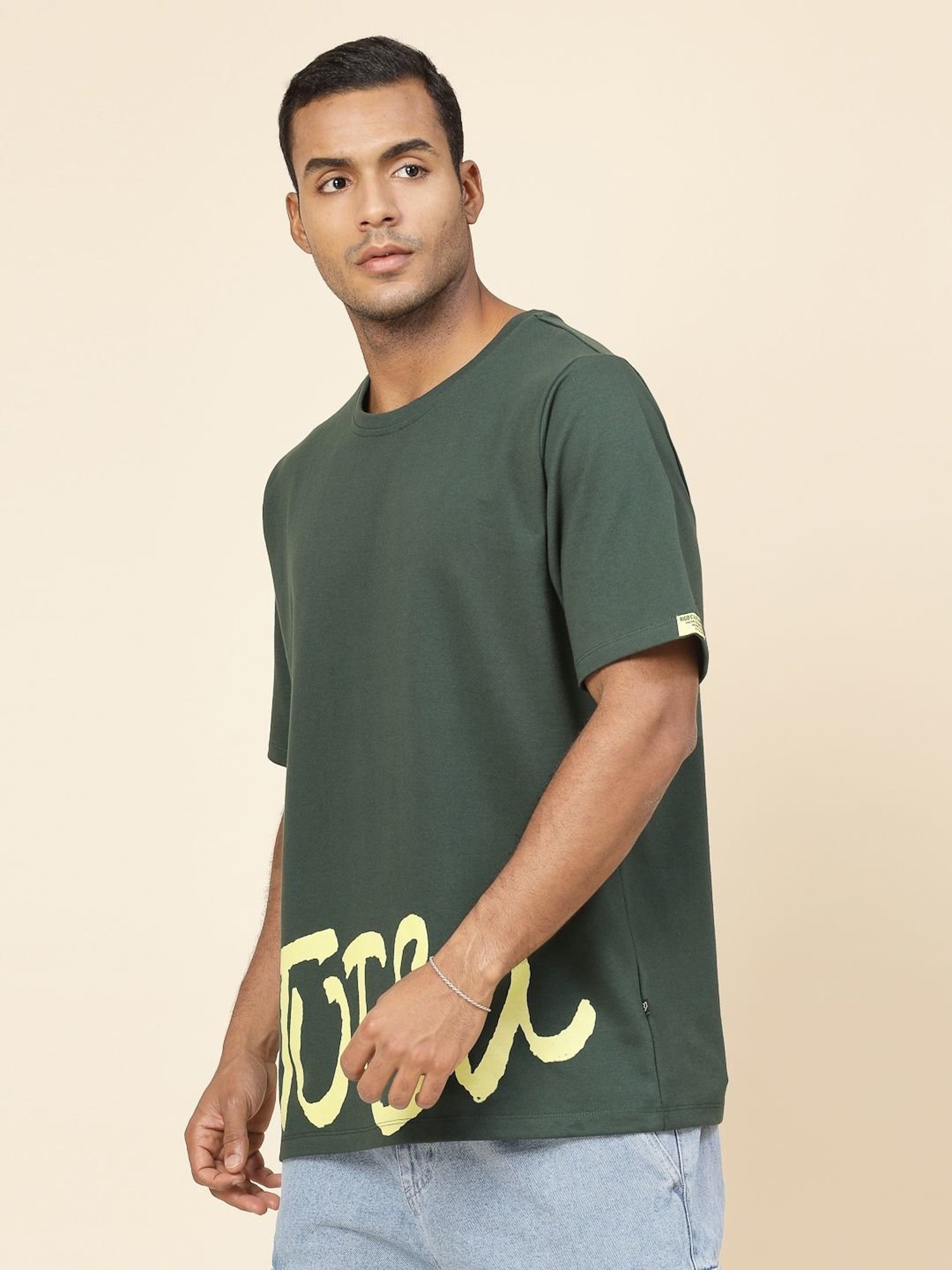 Rigo Bottle Green Cotton Loose Fit Typography T-Shirt