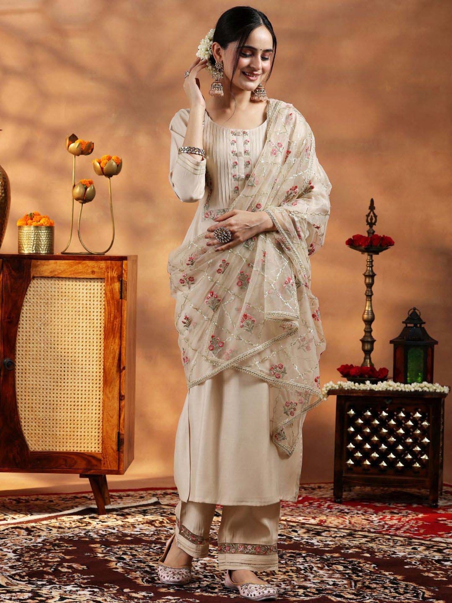 Libas Beige Embroidered Kurta Pant Set With Dupatta