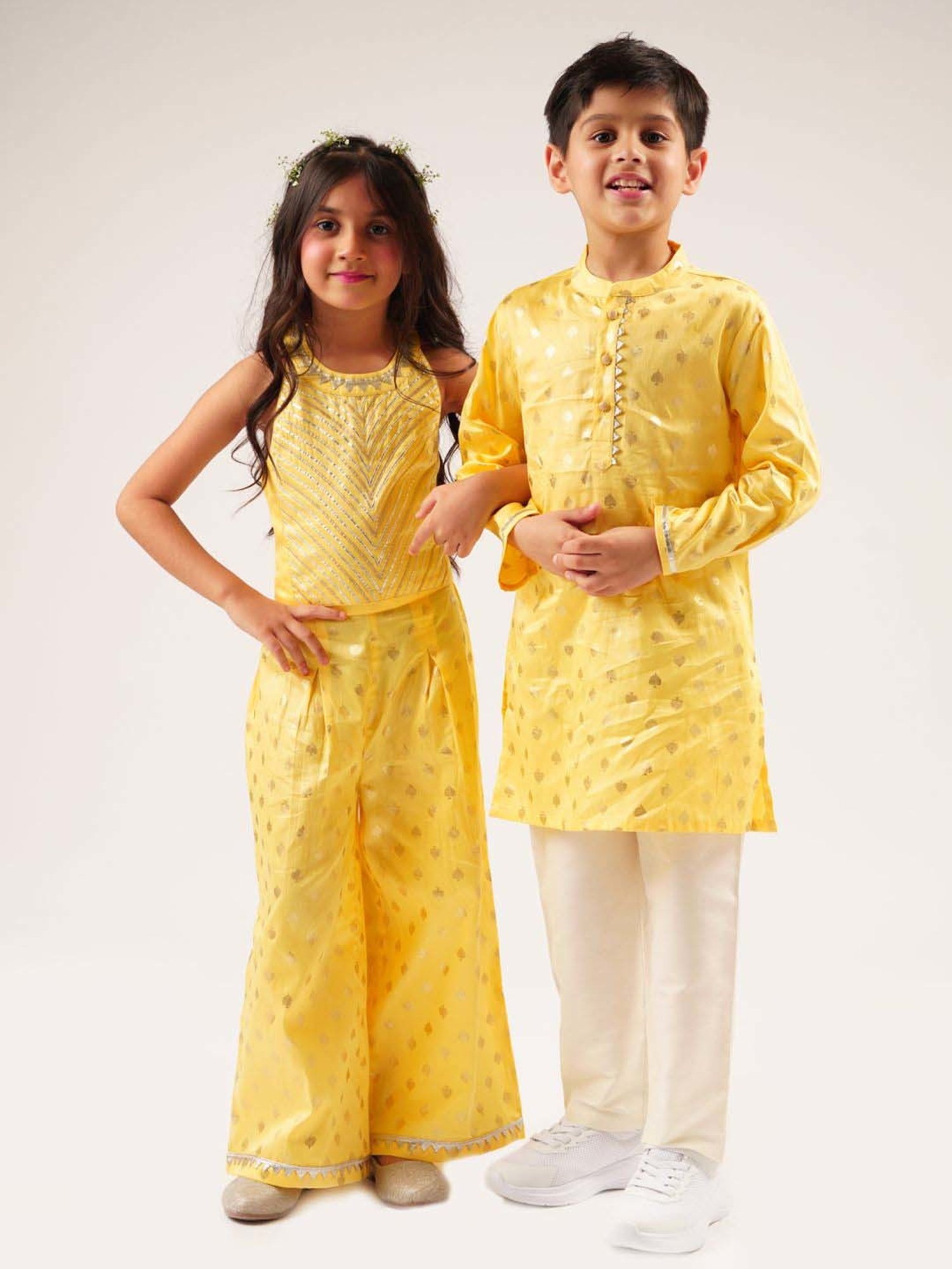 Lil Drama Kids Yellow Cotton Embroidered Top Set