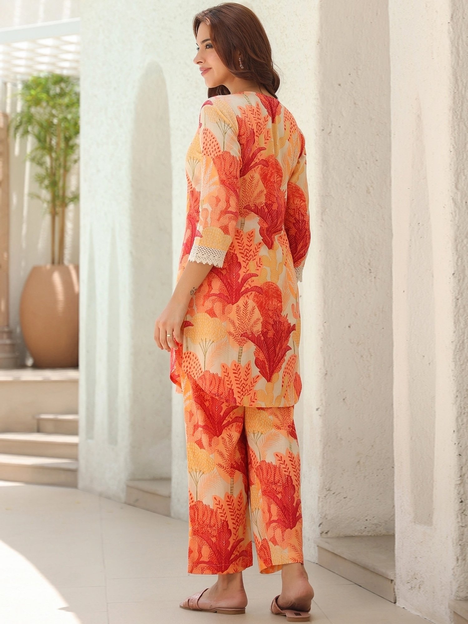 Rain and Rainbow Orange Cotton Printed Tunic & Pant Set