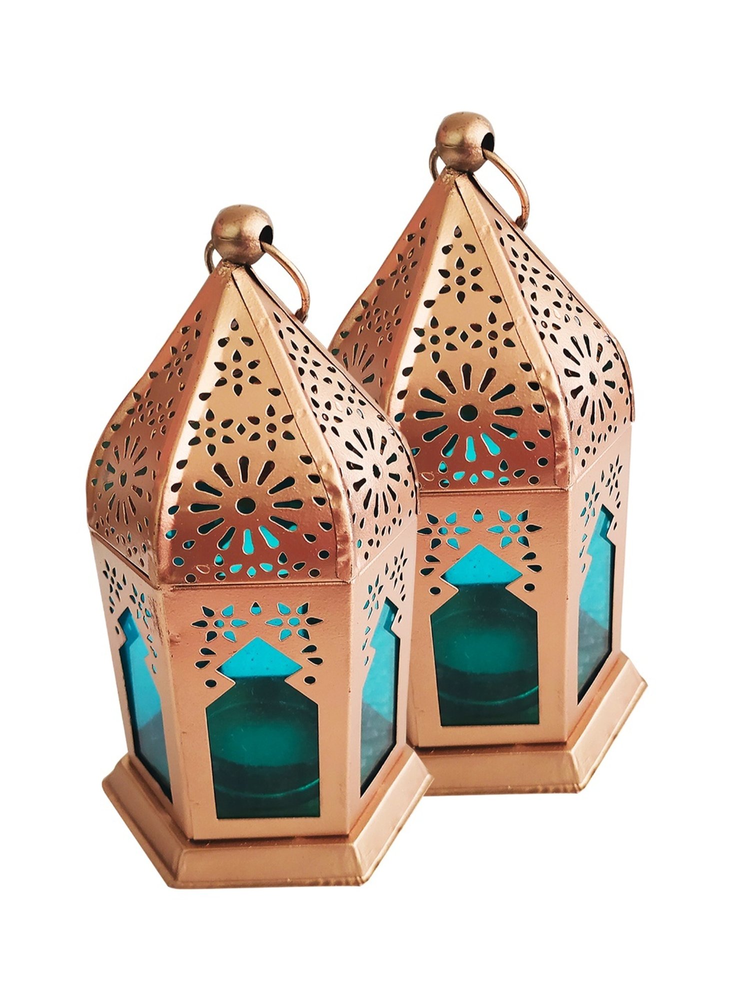 Homesake Antique Blue Metal Moroccan Lantern Candle Holder - Set of 2