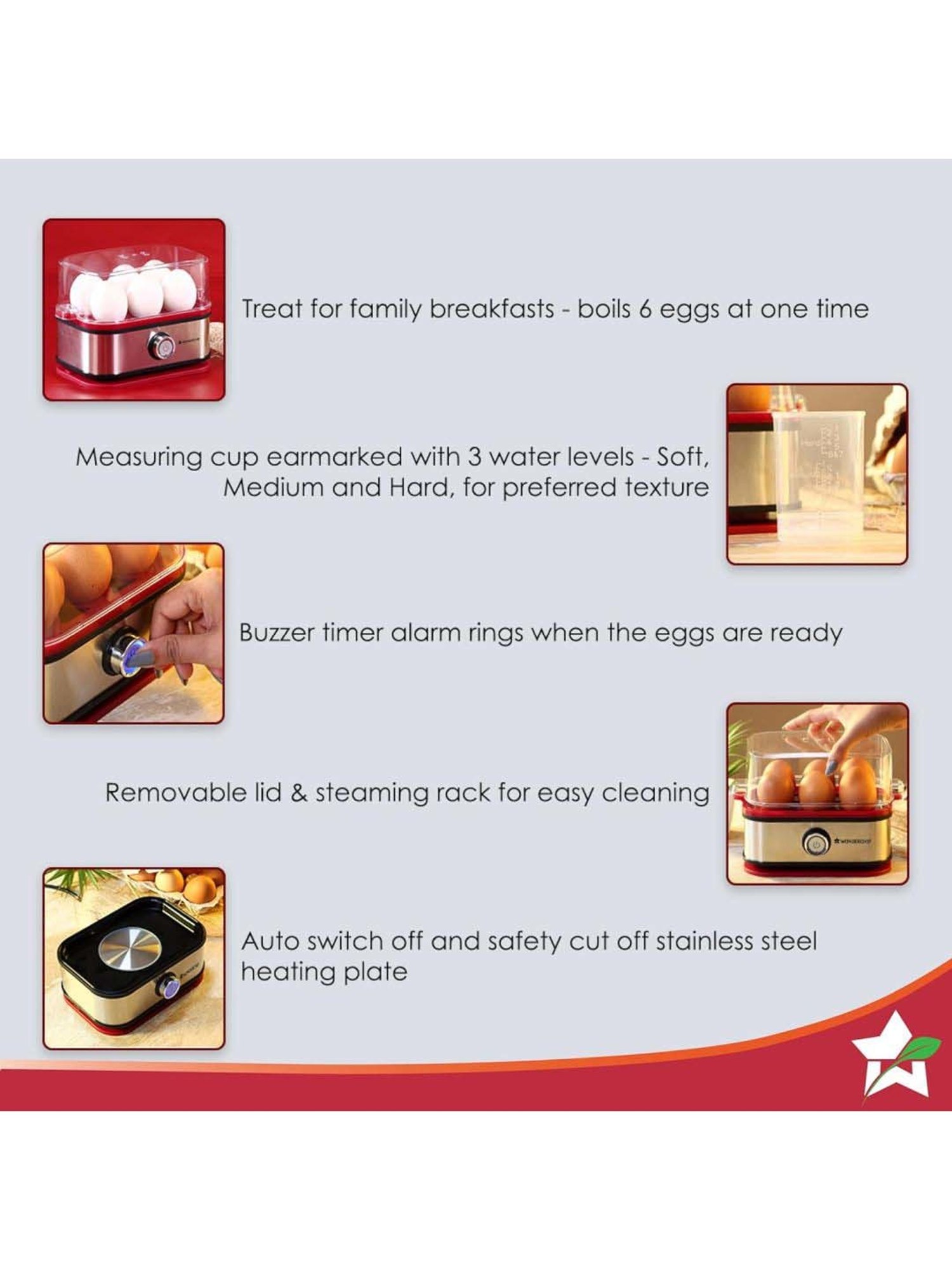 Wonderchef Crimson Edge Instant Electric Egg Boiler with 6 Egg Poachers (Silver & Red)