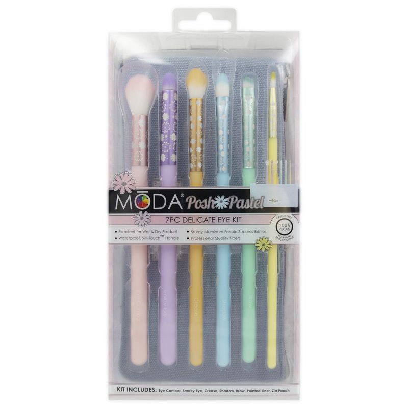 MODA Brush Posh Pastel 7pc Delicate Eye Makeup Brush Set with Zip Case, Includes - Eye Contour, Smoky Eye, Crease, Shadow, Brown and Pointed Liner Brushes