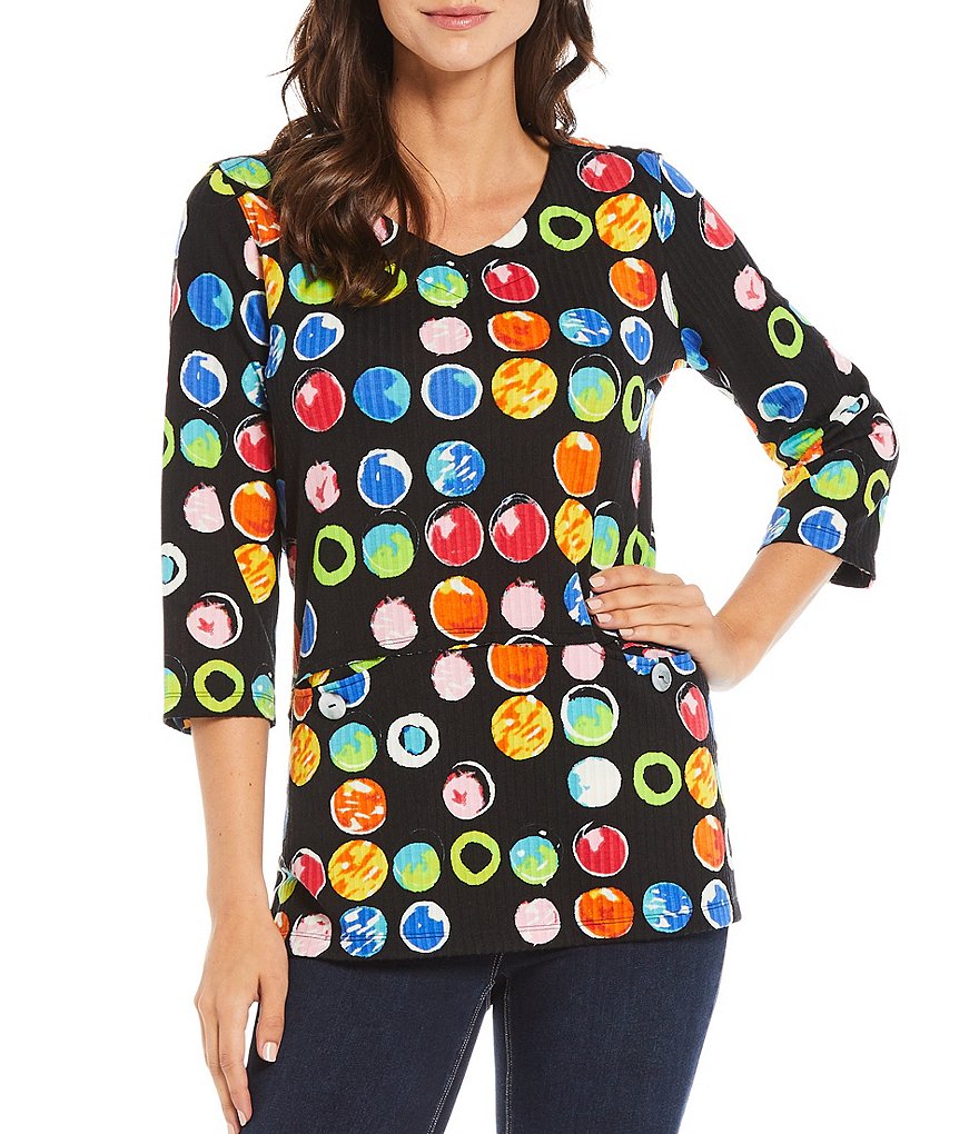 Ali Miles Petite Size Bright Dot Printed Rib Knit 3/4 Sleeve Pocket Tee
