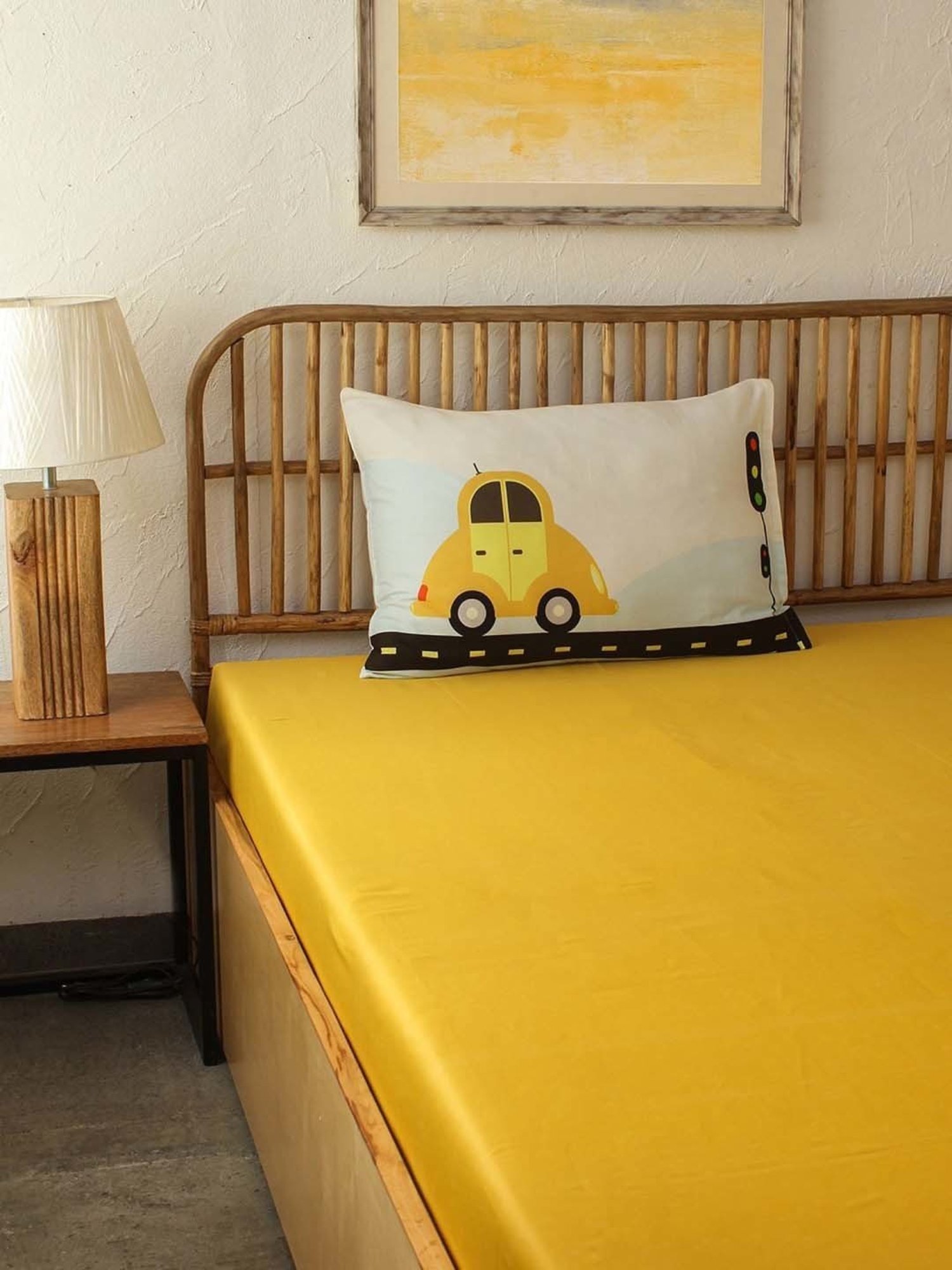 House This Joy Ride Yellow & White Cotton 300 TC Single Bedsheet with 1 Pillow Cover