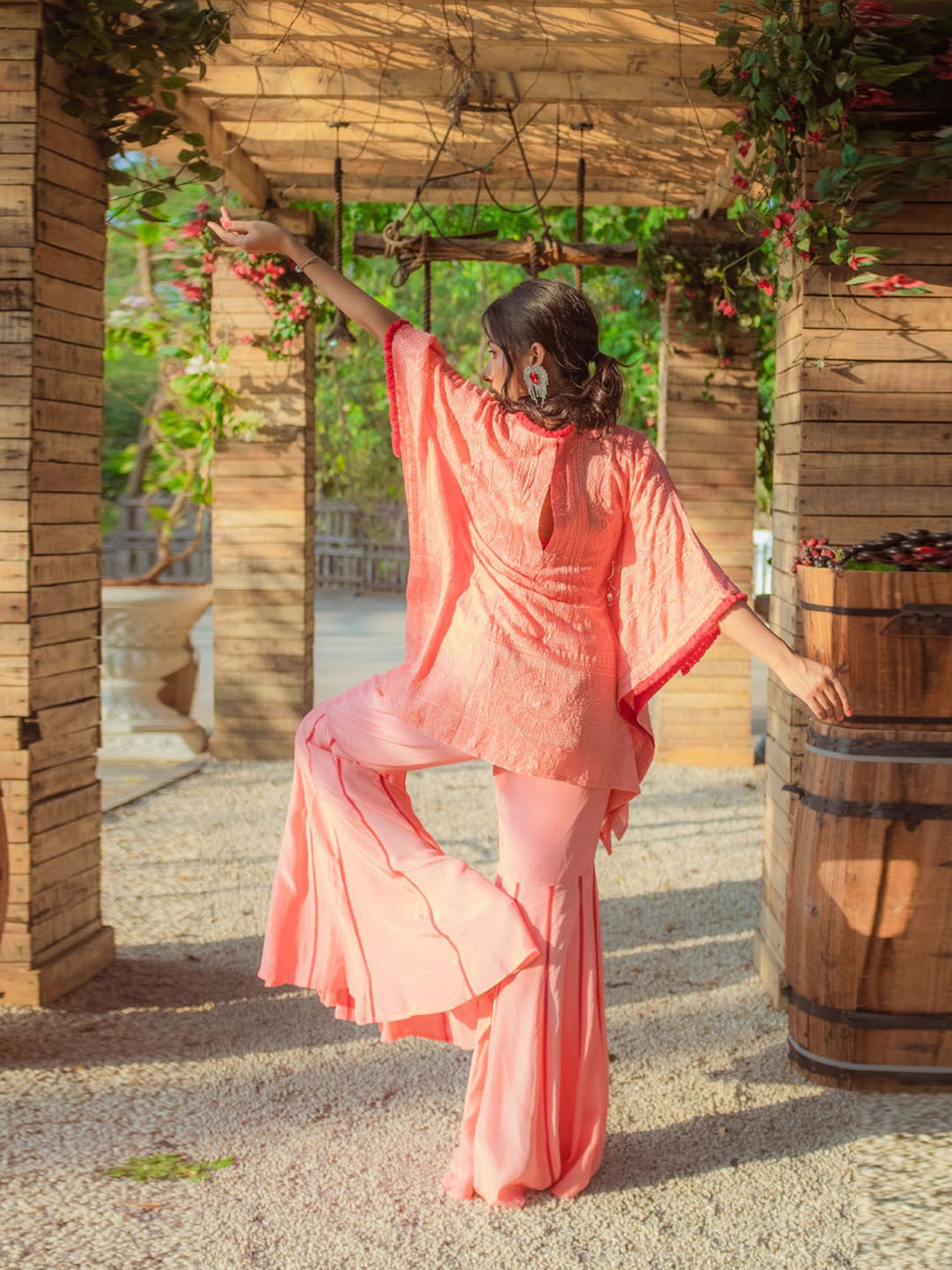 Monk and Mei Suraiya Chikankari Kaftan, Sharara & Belt - Peachy Melon