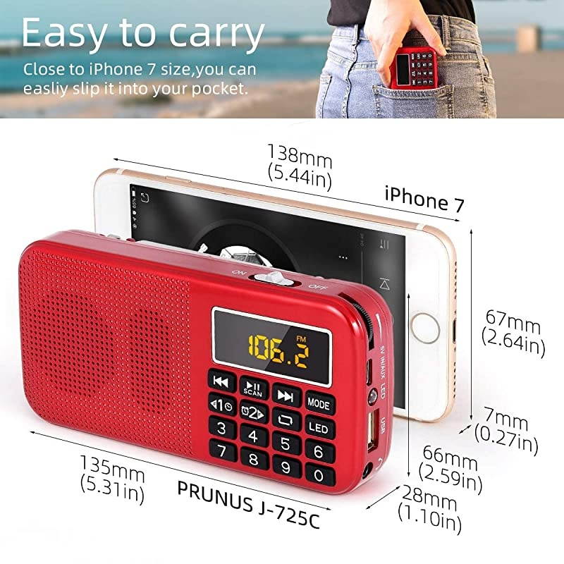 J725C Portable Mini FM Radio Speaker Music Player USB Drive TF Card with LED Display Alarm Clock 3000 Rechargeable Battery NO AMRed