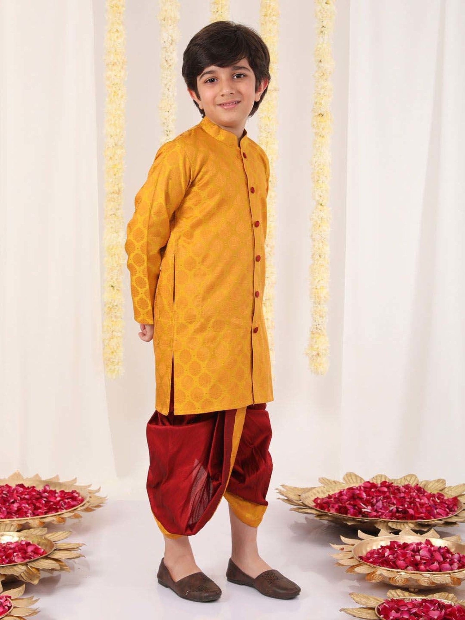 VASTRAMAY Boys Yellow & Maroon Others Full Sleeves Kurta Sets