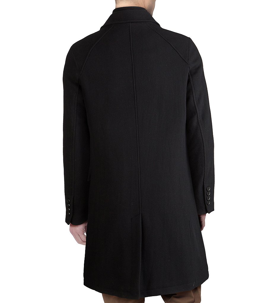 Cole Haan Faux Leather Trim Knit-Bib Wool/Twill Coat