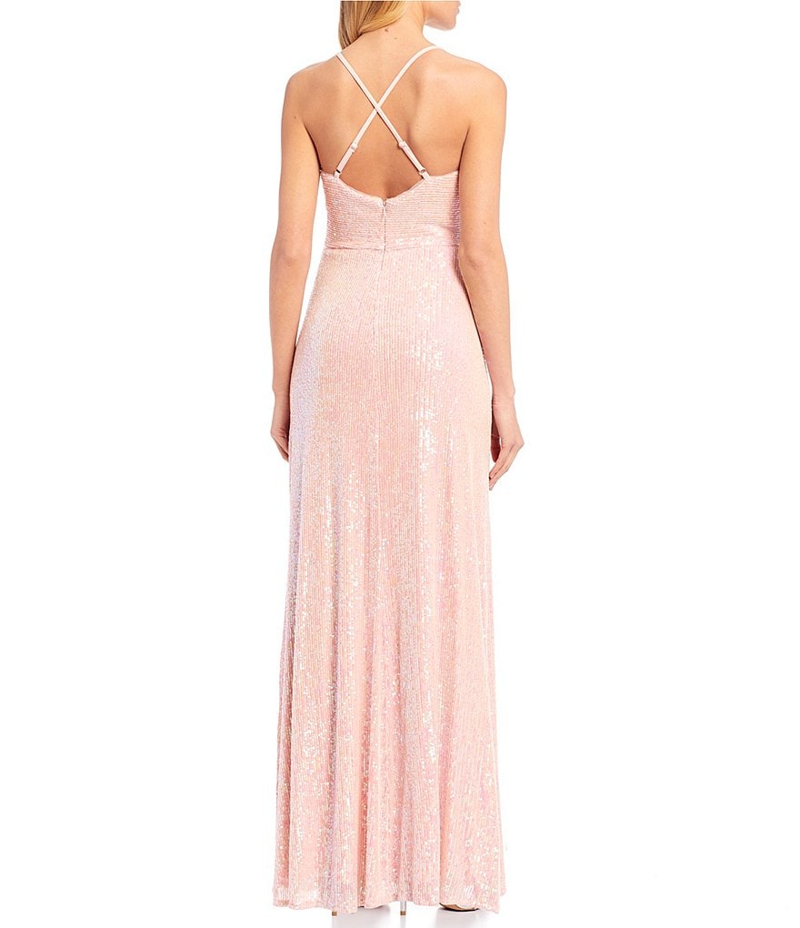 Morgan & Co. Spaghetti Strap Plunging V-Neck Sequin Long Dress