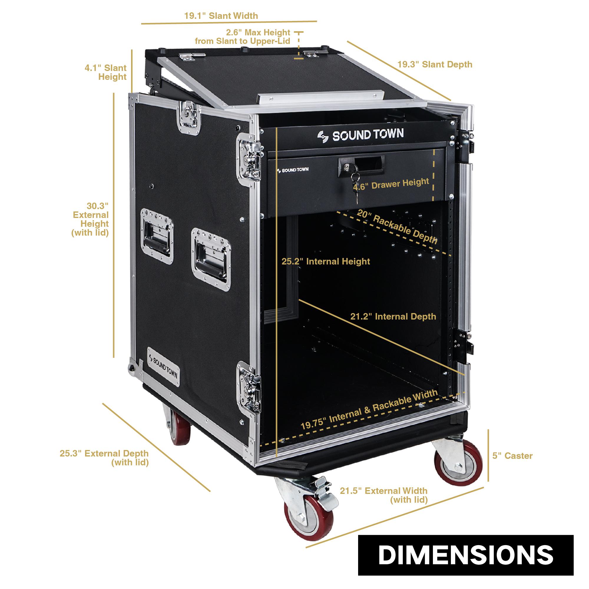 Sound Town 14U PA DJ Pro Audio Rack/Road ATA Case with 11U Slant Mixer Top, Locking Drawer, 20&rsquo;&rsquo; Rackable Depth and Casters (STMR-14D3)
