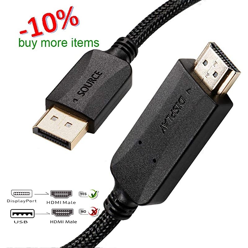 to HDMI Cable 6 ft DP Display Port to HDMI Cable Adapter 6 feet Braided Male to Male Supports Video and Audio for DELL HP ASUS etc