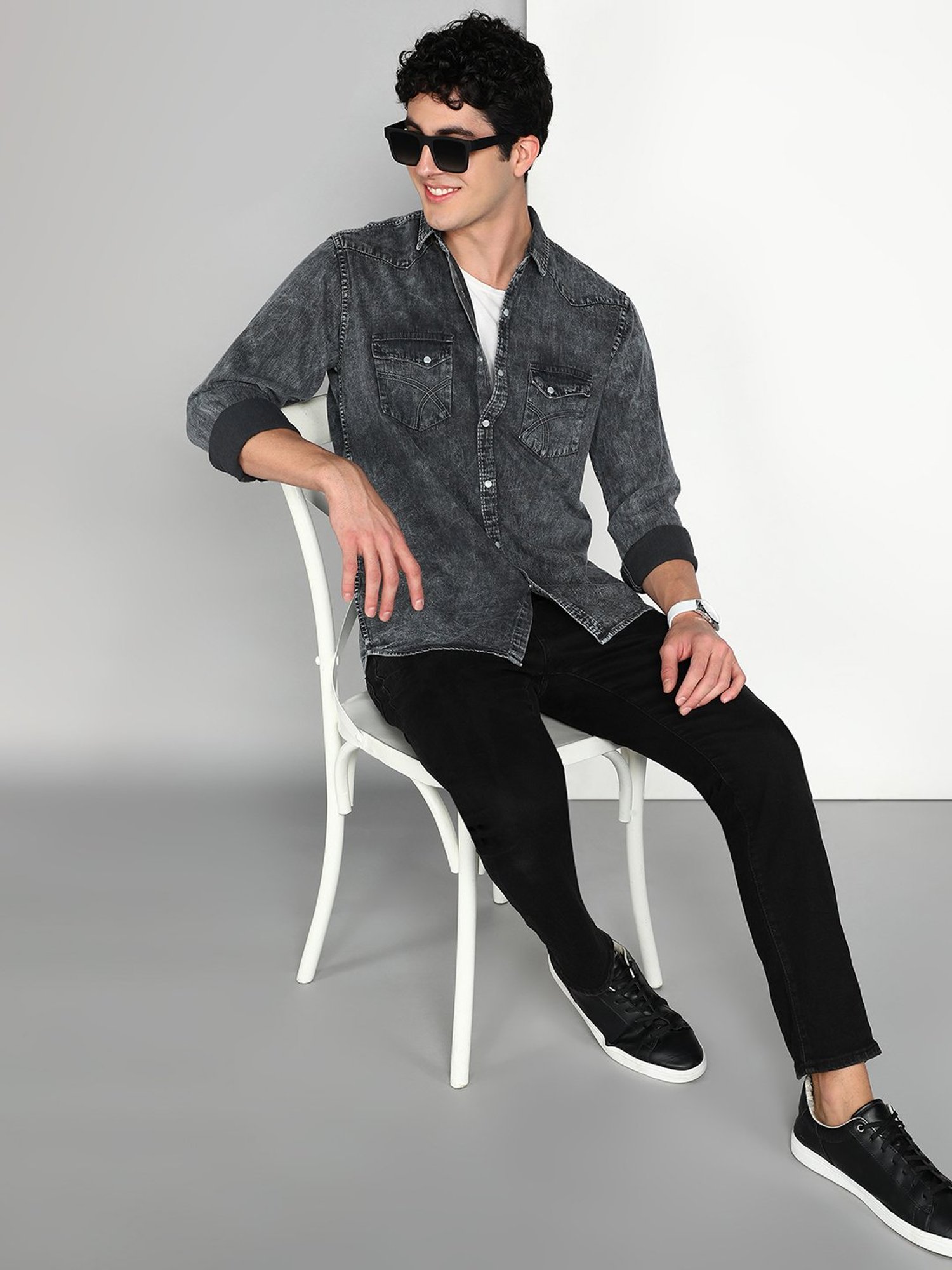 Kuons Avenue Dark Grey Slim Fit Denim Shirt