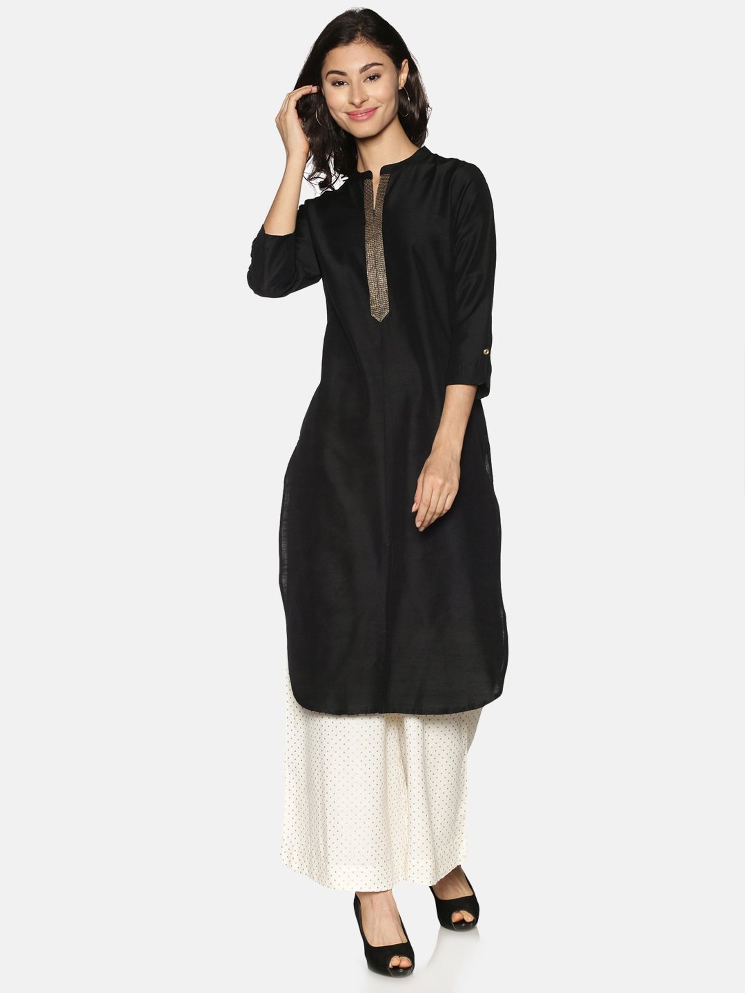 Saffron Threads Black Embroidered Straight Kurta