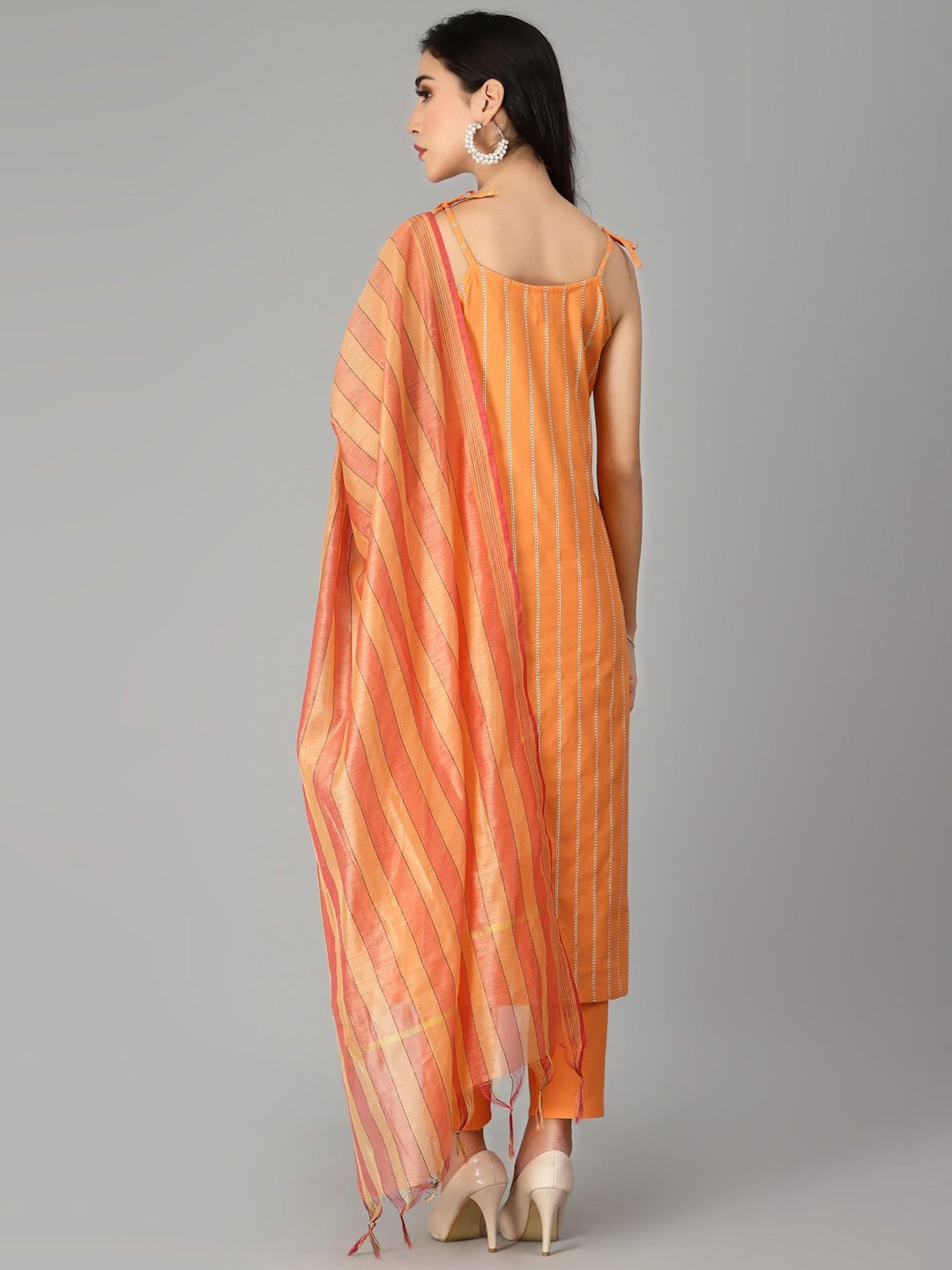 Stylum Orange Striped Kurta Pant Set With Dupatta