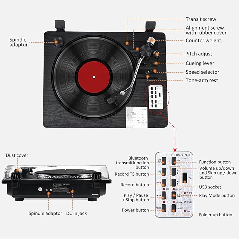 Record Player Turntable with Bluetooth Input OutputLP Player with Speakers USB to MP3 Encoding