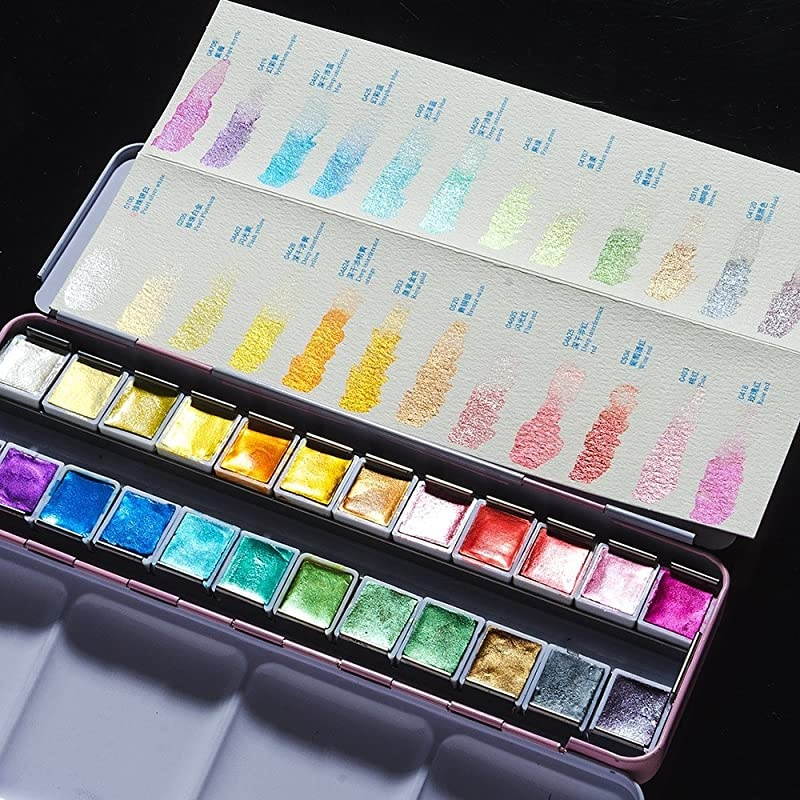 Artist Watercolor Paints-Metallic Glitter Solid Colors-Pink Portable Metal Case with Palette-24 Color Set Sparkle Watercolor