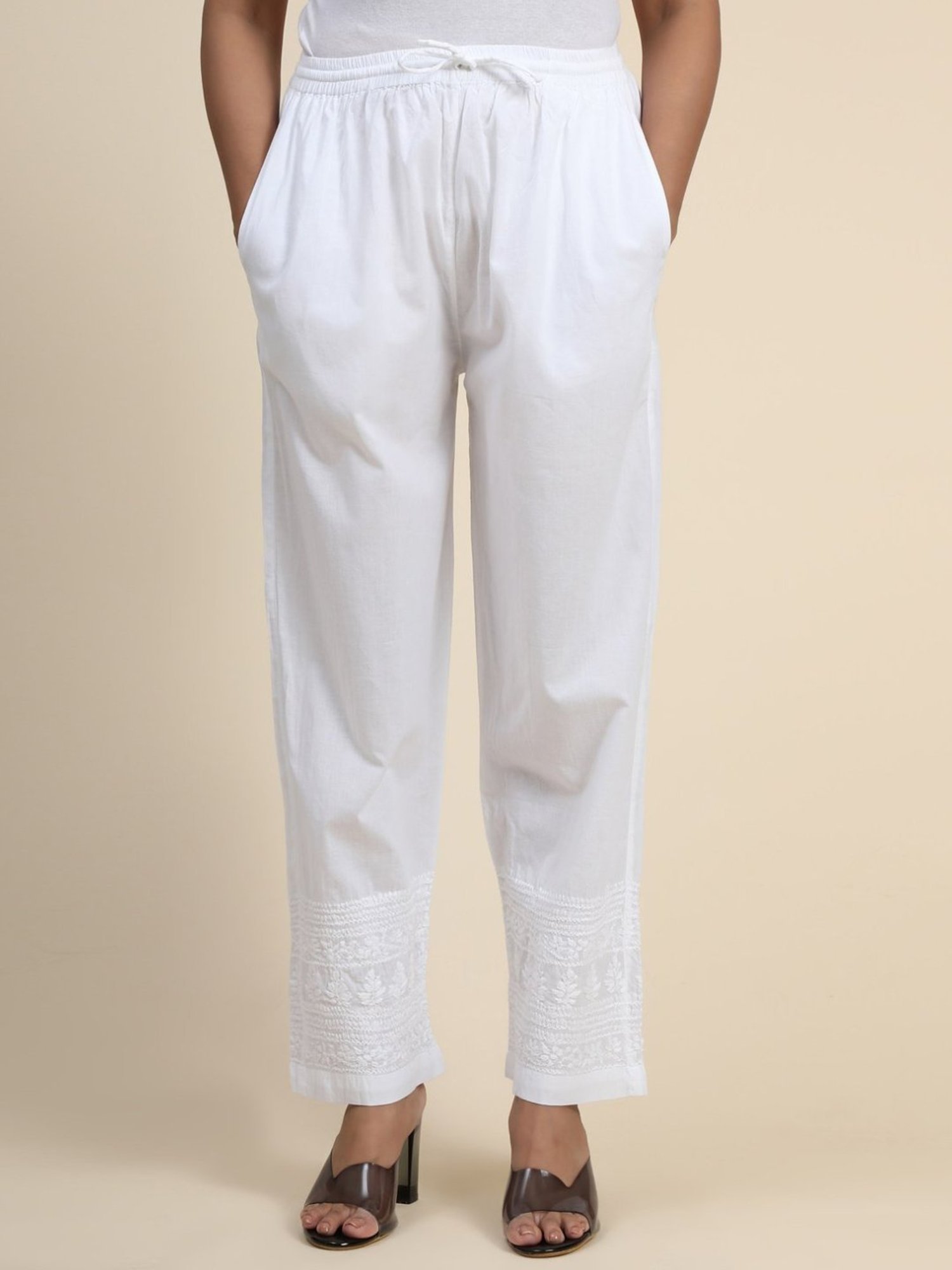 HOK Chikankari Cotton Pant Trouser White