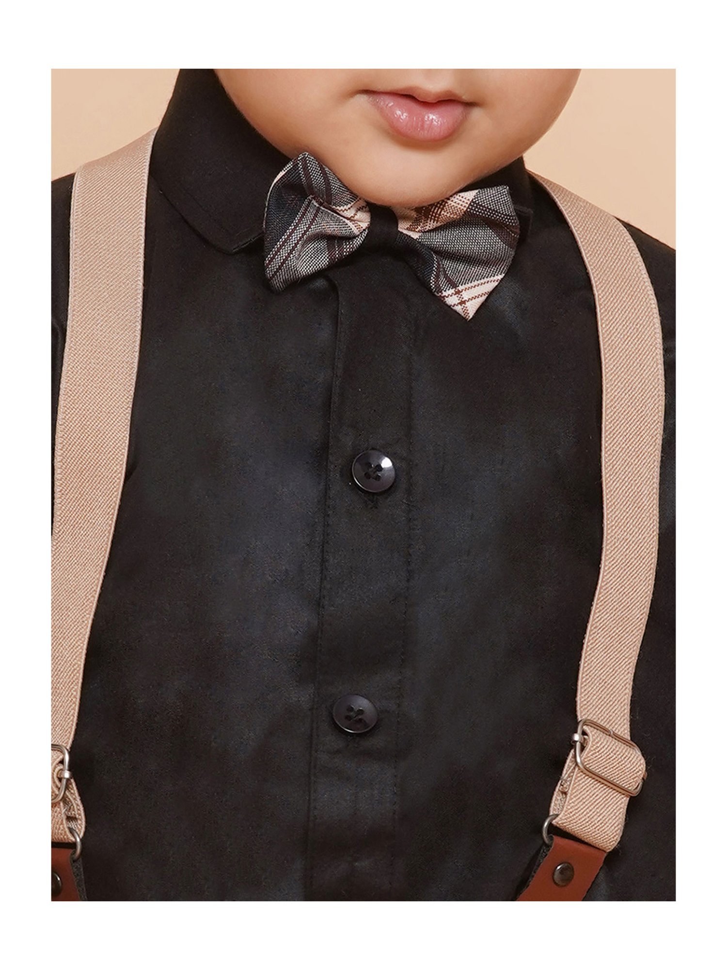 AJ Dezines Kids Beige & Black Checks Shirt, Shorts, Suspender, Bow with Cap