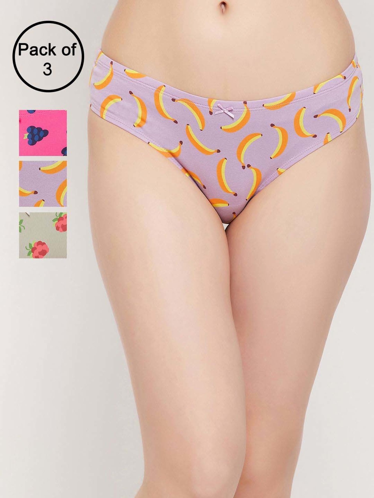 Clovia Purple & Grey Cotton Printed Hipster Panty - Pack Of 3