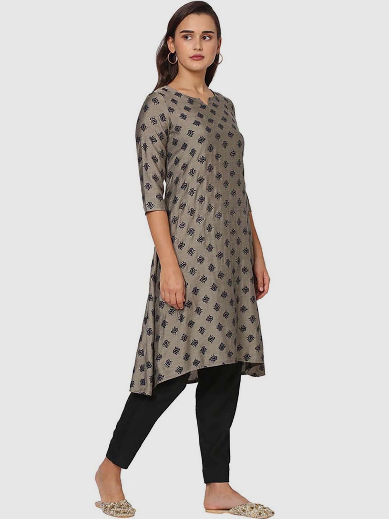 Fusion Beats Grey Printed A Line Kurta
