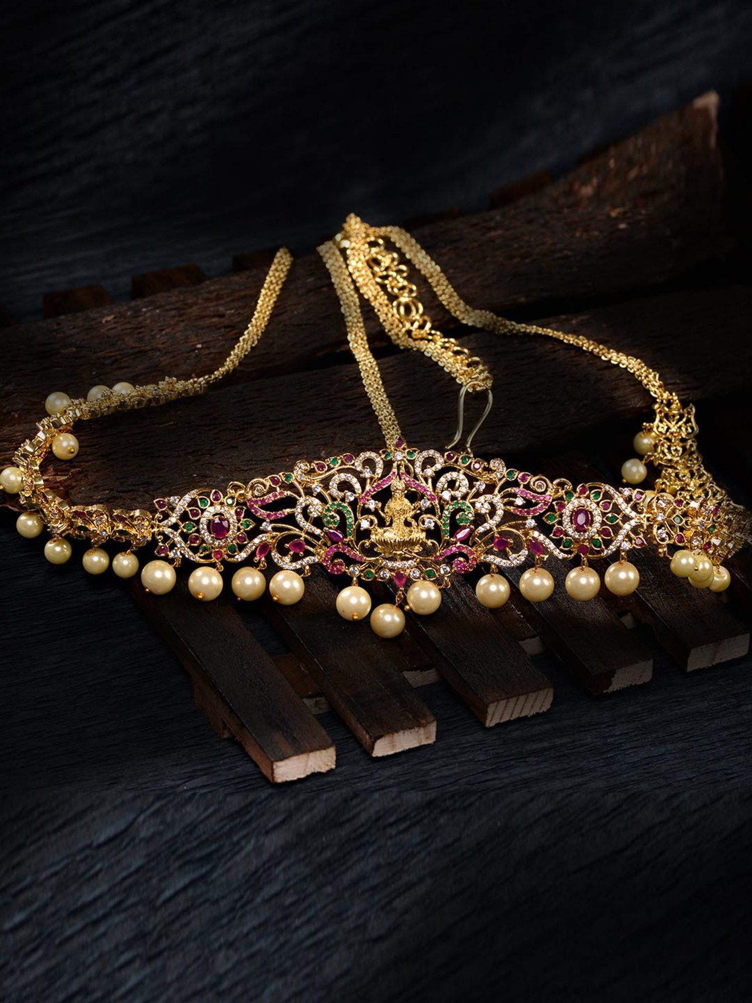 Saraf Rs Jewellery Red & Green Ad Studded Gold Plated Goddess Lakshmi Templef Kamarbandh