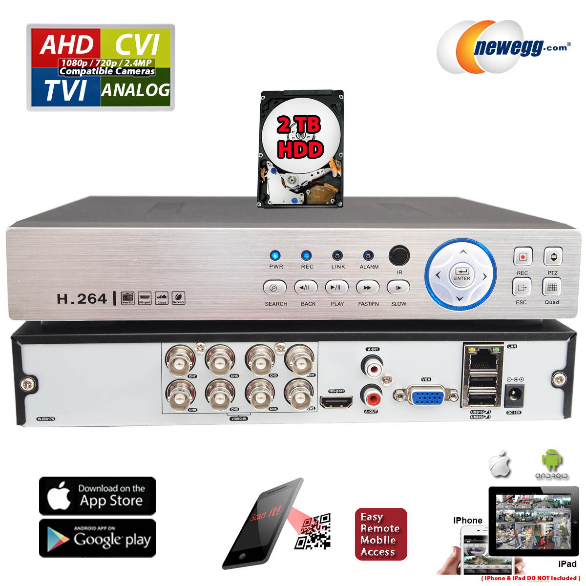 Evertech 8 Channel HD H.264 DVR 4in1 AHD TVI CVI Analog CCTV Security Surveillance Digital Video Recorder with 2TB Hard Drive