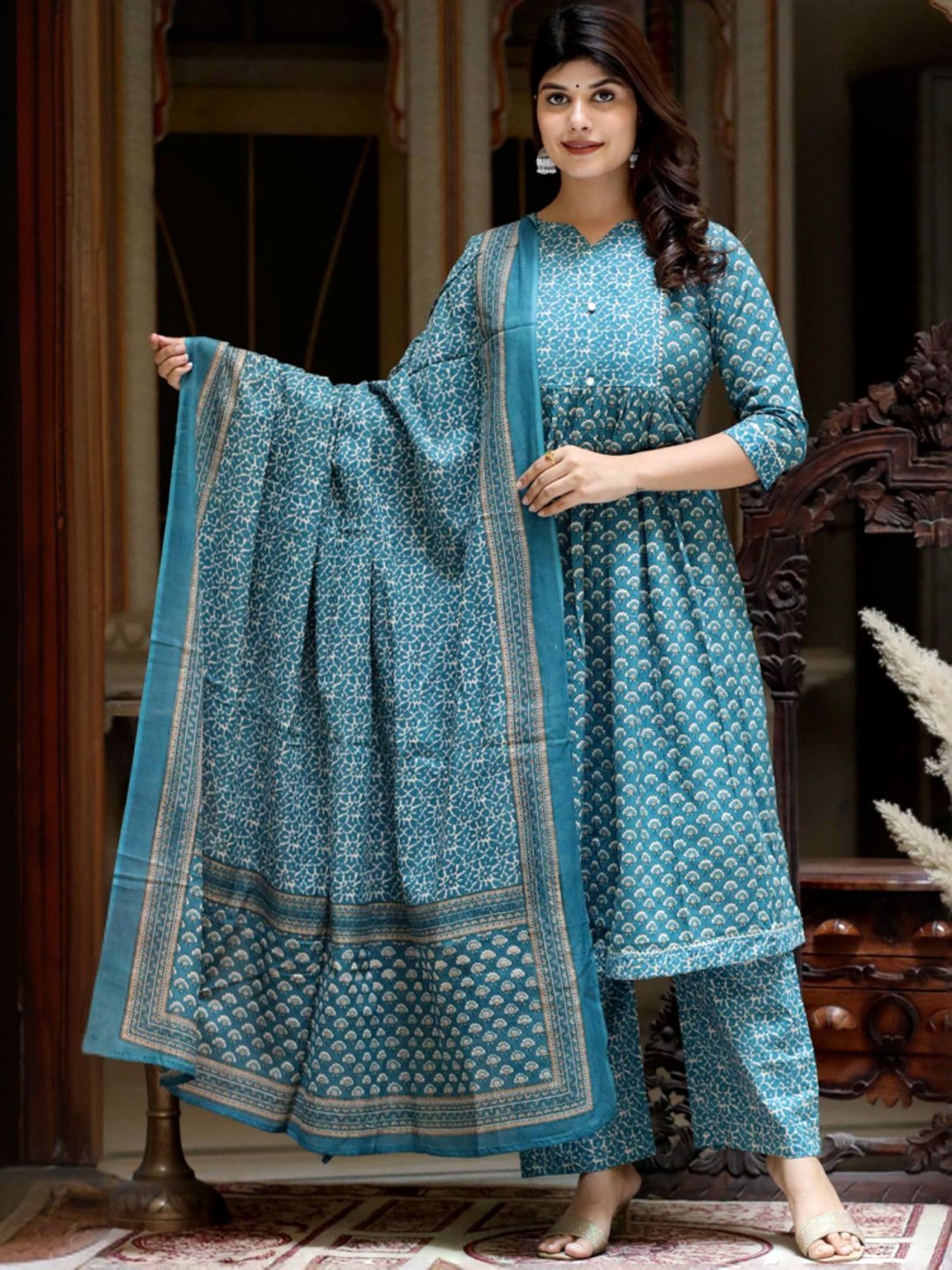Miravan Blue Cotton Floral Print Kurta Palazzo Set With Dupatta