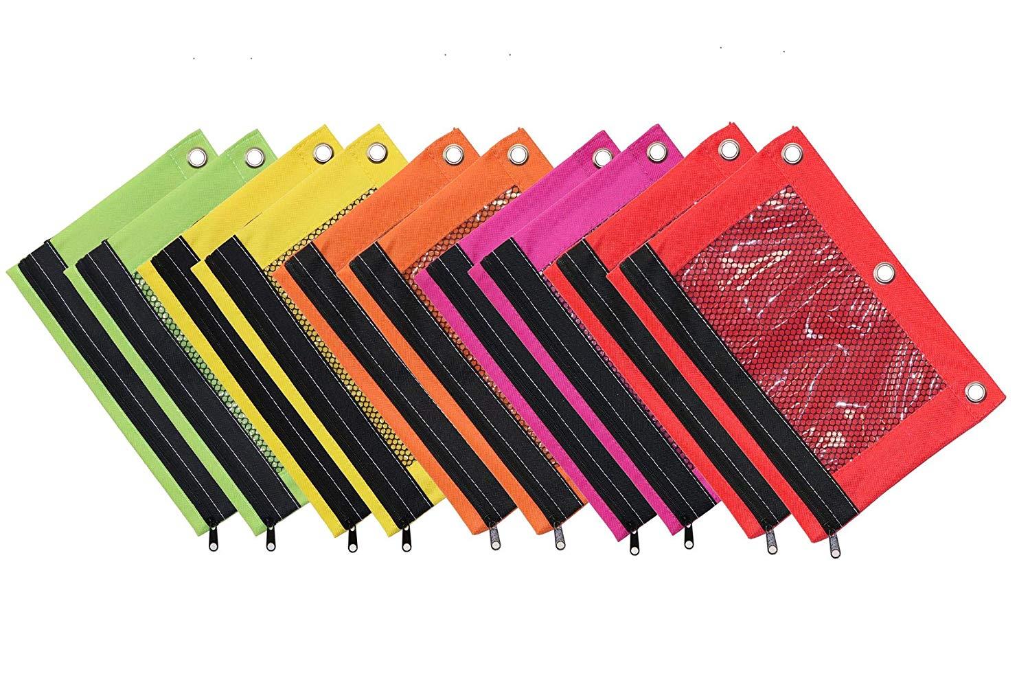 Omura Pencil Pouch, Mesh Windows, Zippered & Standard 3-Ring Binder ULTRA BRITE, Pack of 10