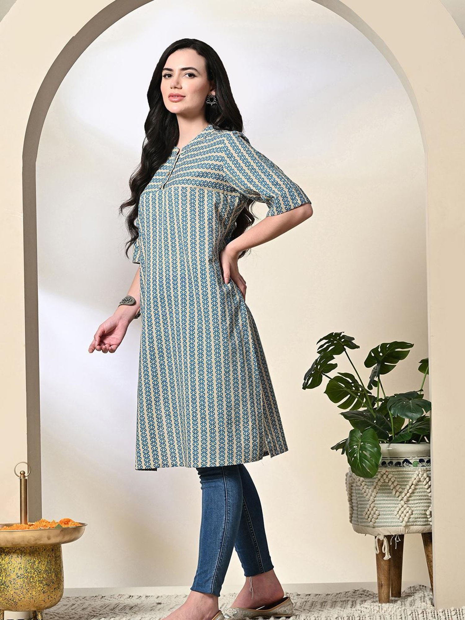 DECKEDUP Teal & Beige Cotton Printed Kurta