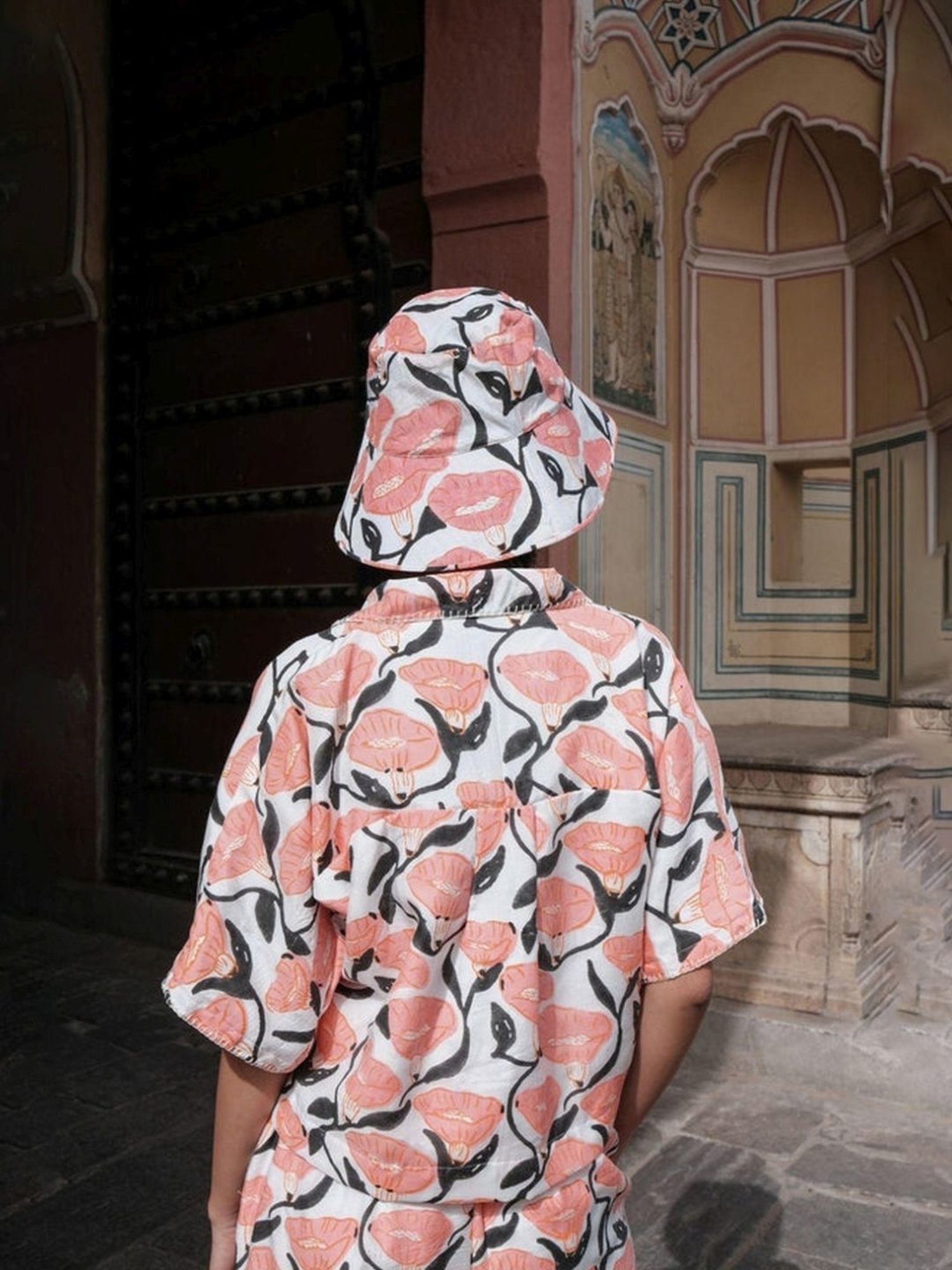 Khajoor Studio White & Pink Bageecha Outlined Florals Boxy Resort Shirt