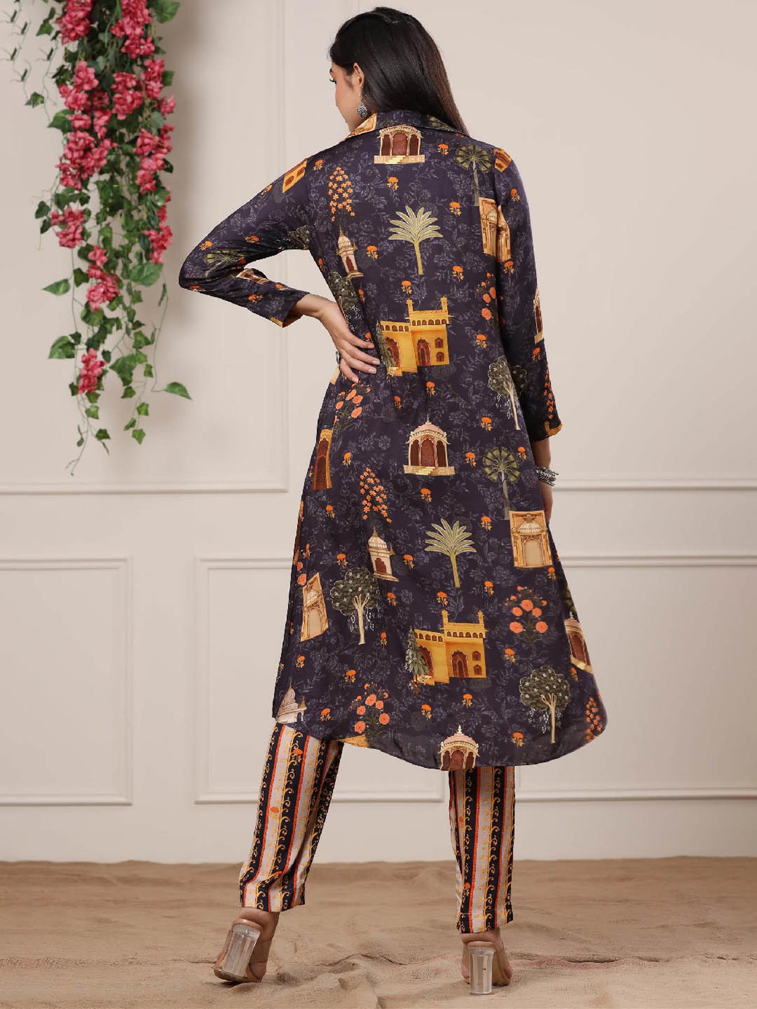 SCAKHI Multicolor Print Satin Crop Top Pant Set With Long Shrug