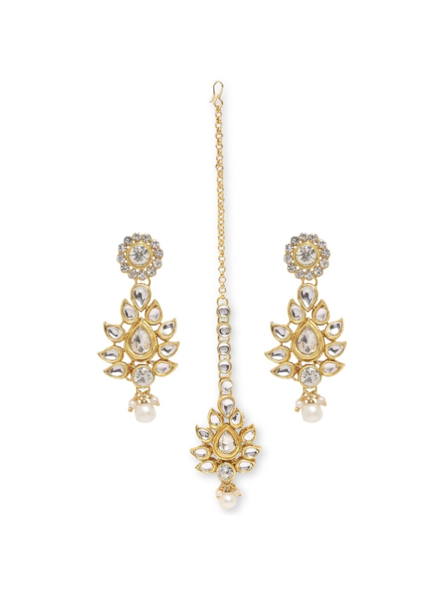 Oomph Gold Tone Kundan & Pearls Jadau Maangtikka with Earrings Set