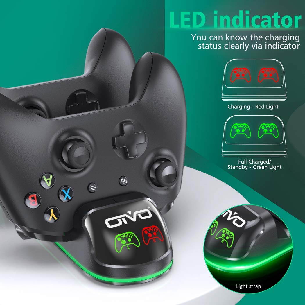 OIVO Xbox One Controller Charger, Dual Charging Station with Updated LED Strap, Remote Charger Dock for Xbox One/S/X/Elite Controller - 2 Rechargeable Battery Packs Included
