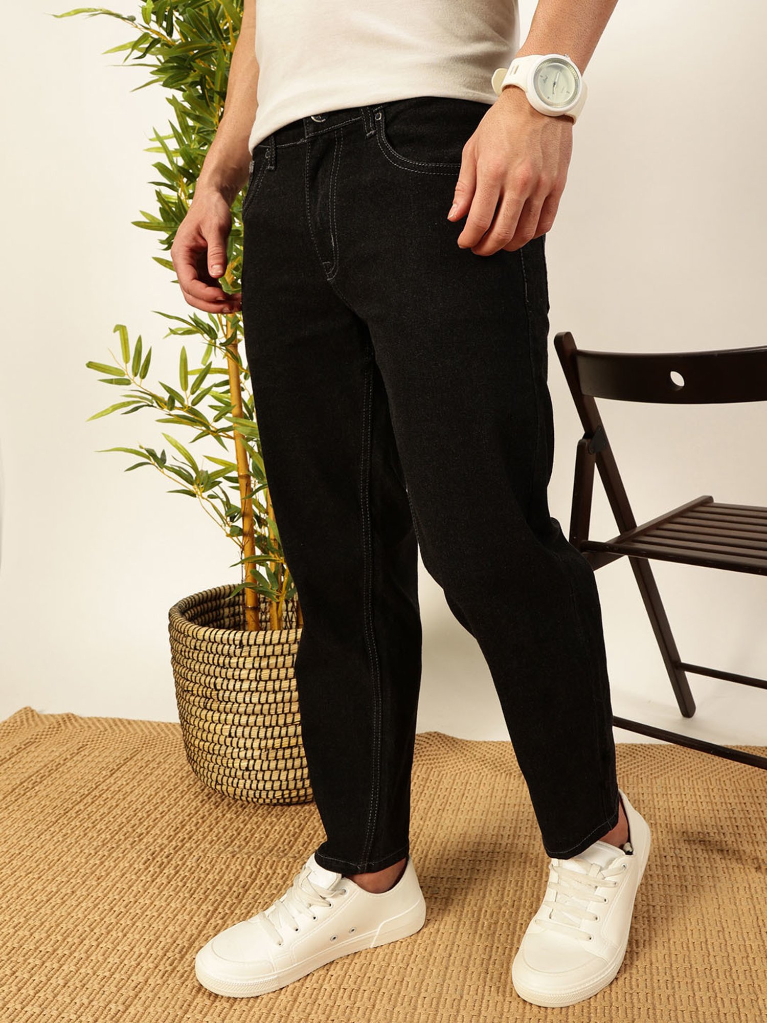 Thomas Scott Black Cotton Slim Tapered Solid Jeans