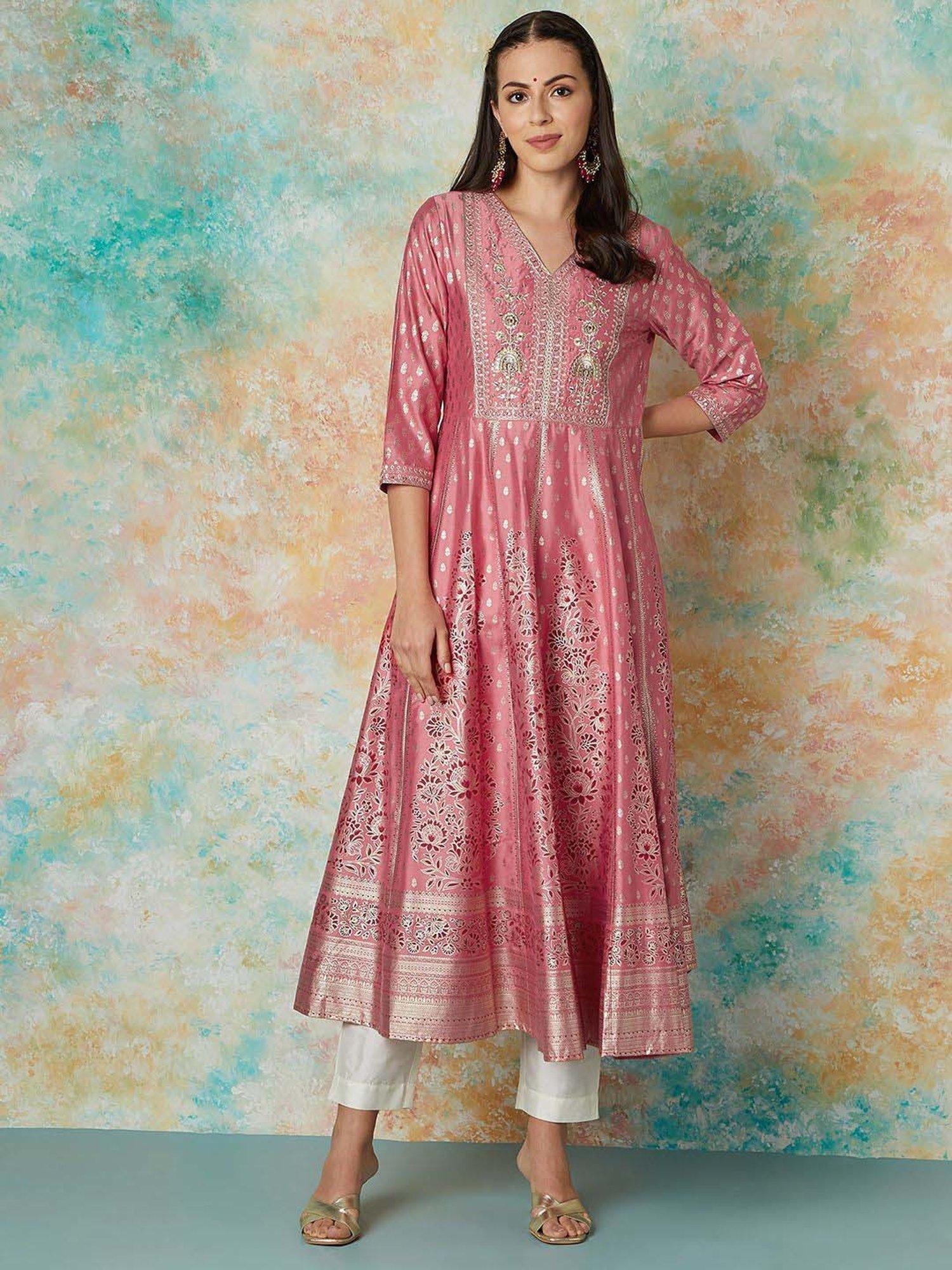 Melange by Lifestyle Pink Embroidered Kurta & Pant Set With Dupatta
