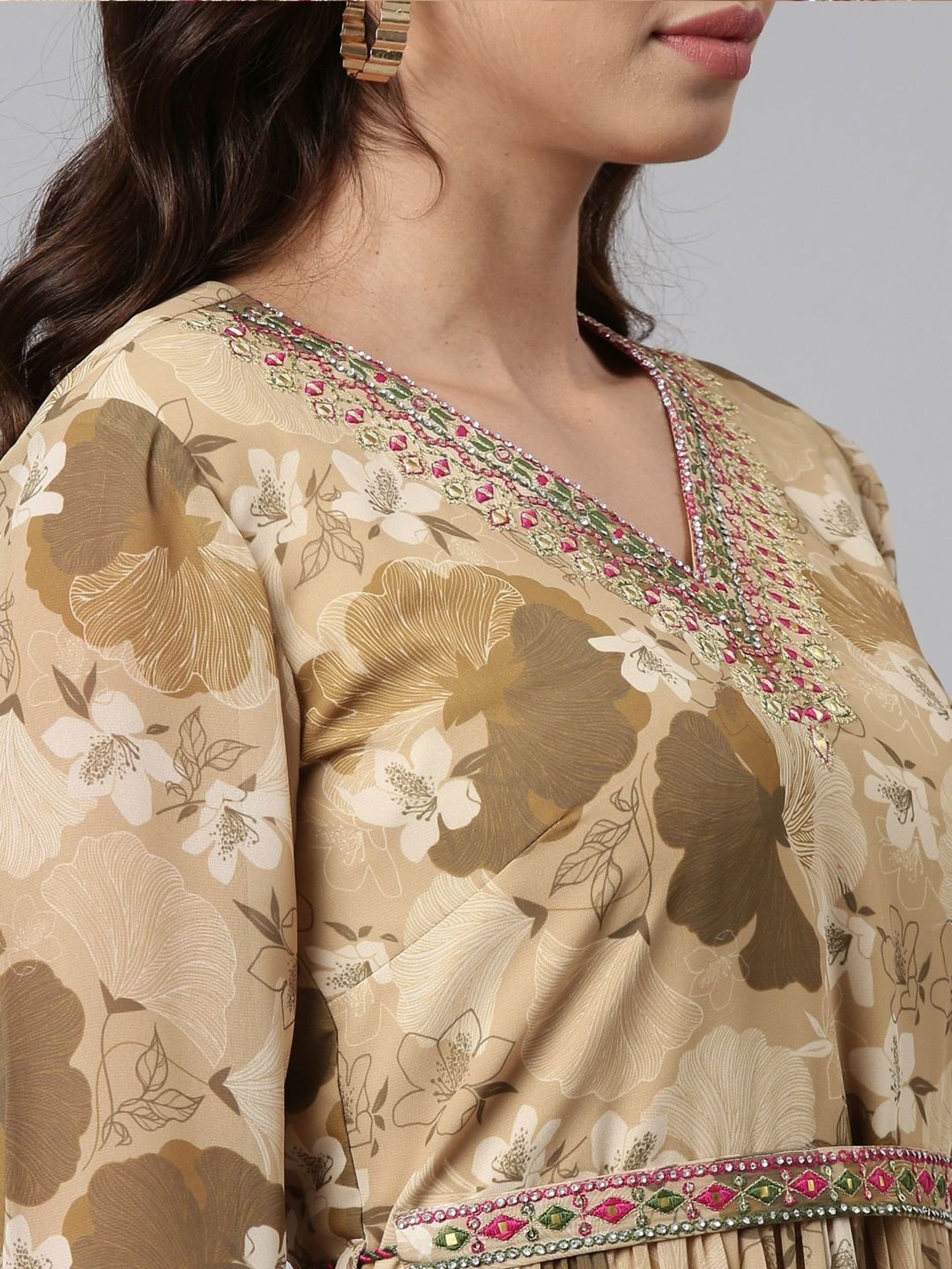 Neerus Beige Floral Print A-Line Dress