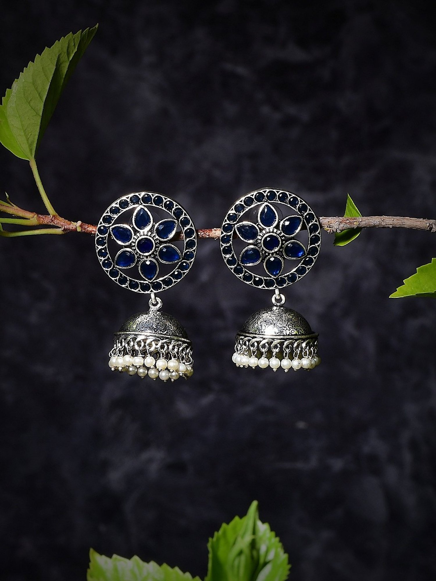 Imli Street Blue-White Silver Tone Stone-Studded Handcrafted Jhumki Earrings