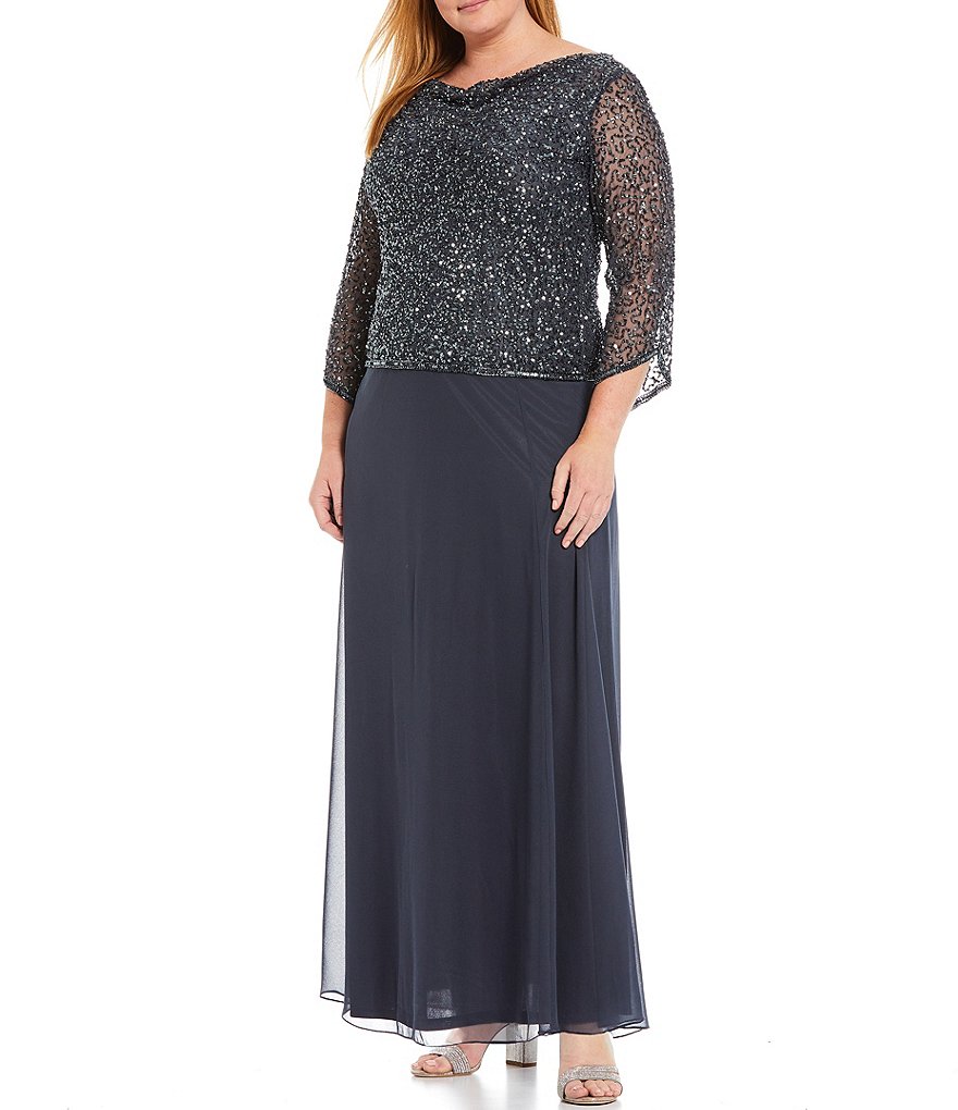 Jkara Plus Size 3/4 Illusion Beaded Cowl Neck Gown