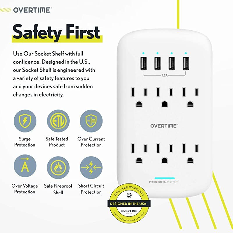 Wall Charger 4Pack Socket Shelf Overtime Surge Protector 6 Outlet Extender with 4 Ports Charging Station Compatible iPhone 11 Pro MaxXsXS MaxXRX876Plus Samsung ETL Certified