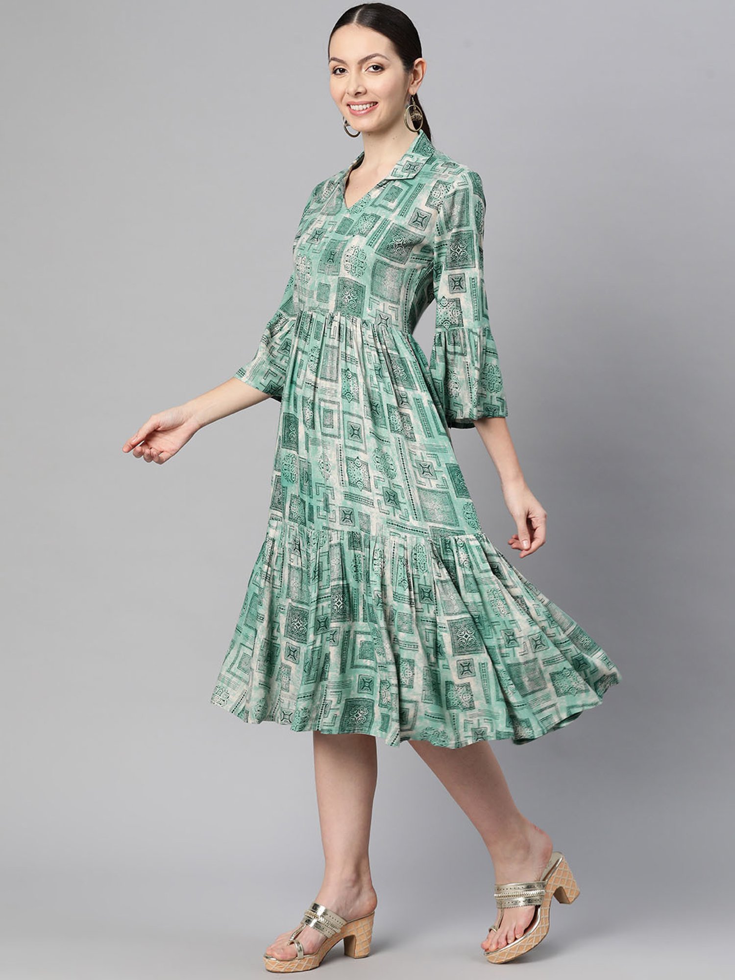 Indibelle Green Printed Ethnic Dress